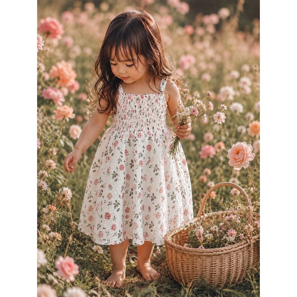 Blooming Beauty Gauzy Muslin Smocked Babydoll Dress 2/3